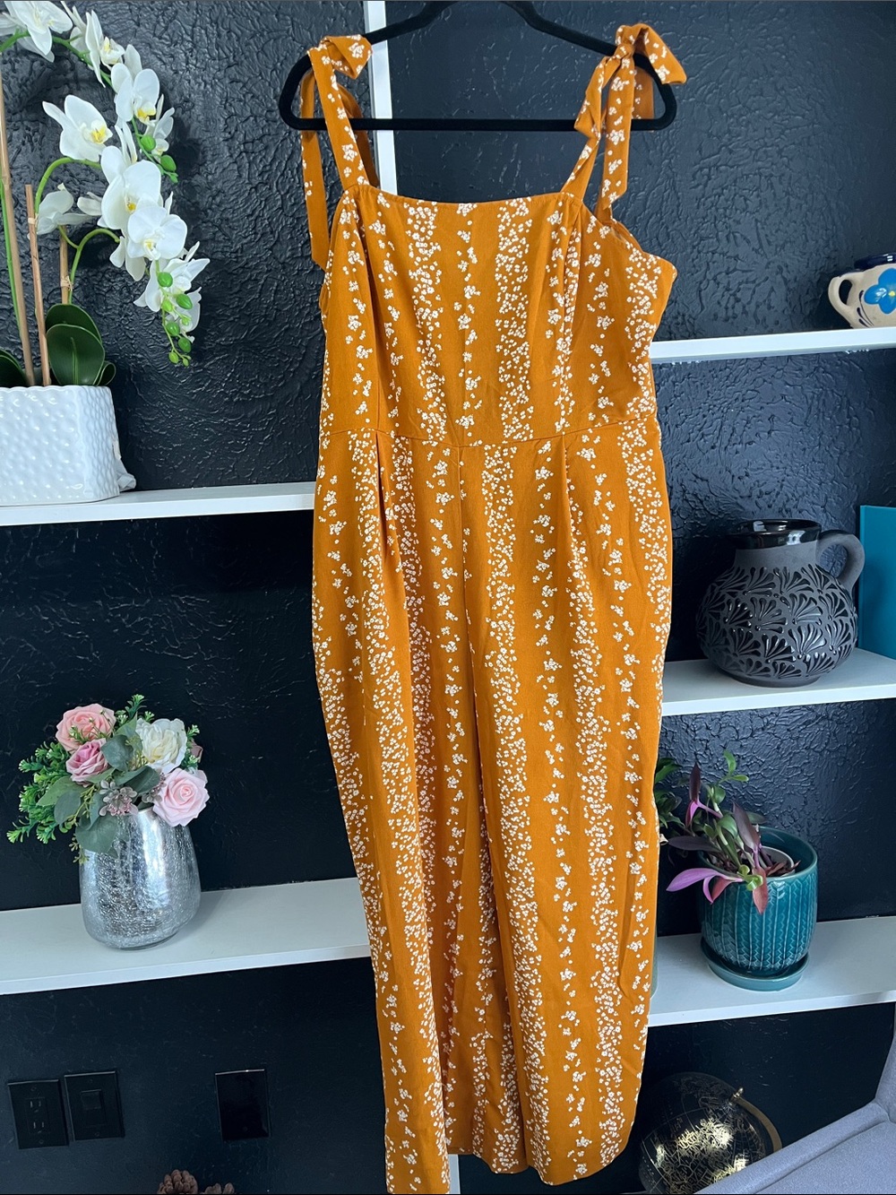 BCBG Paris Mustard Floral Tie-Strap Jumpsuit